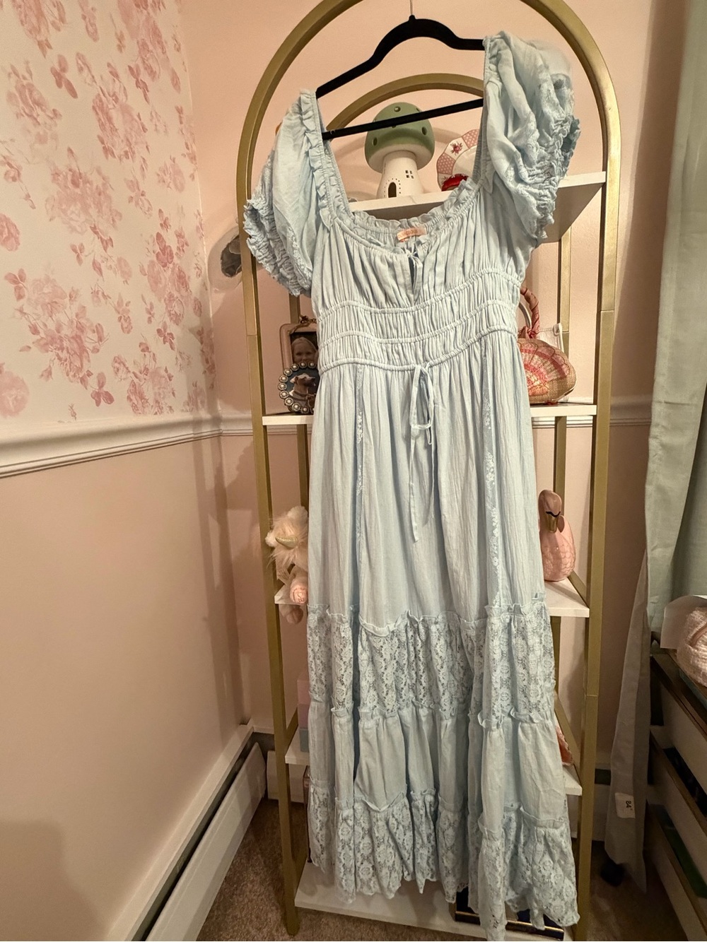 Olivaceous Pale Blue Smocked Maxi Dress with Lace Tiers